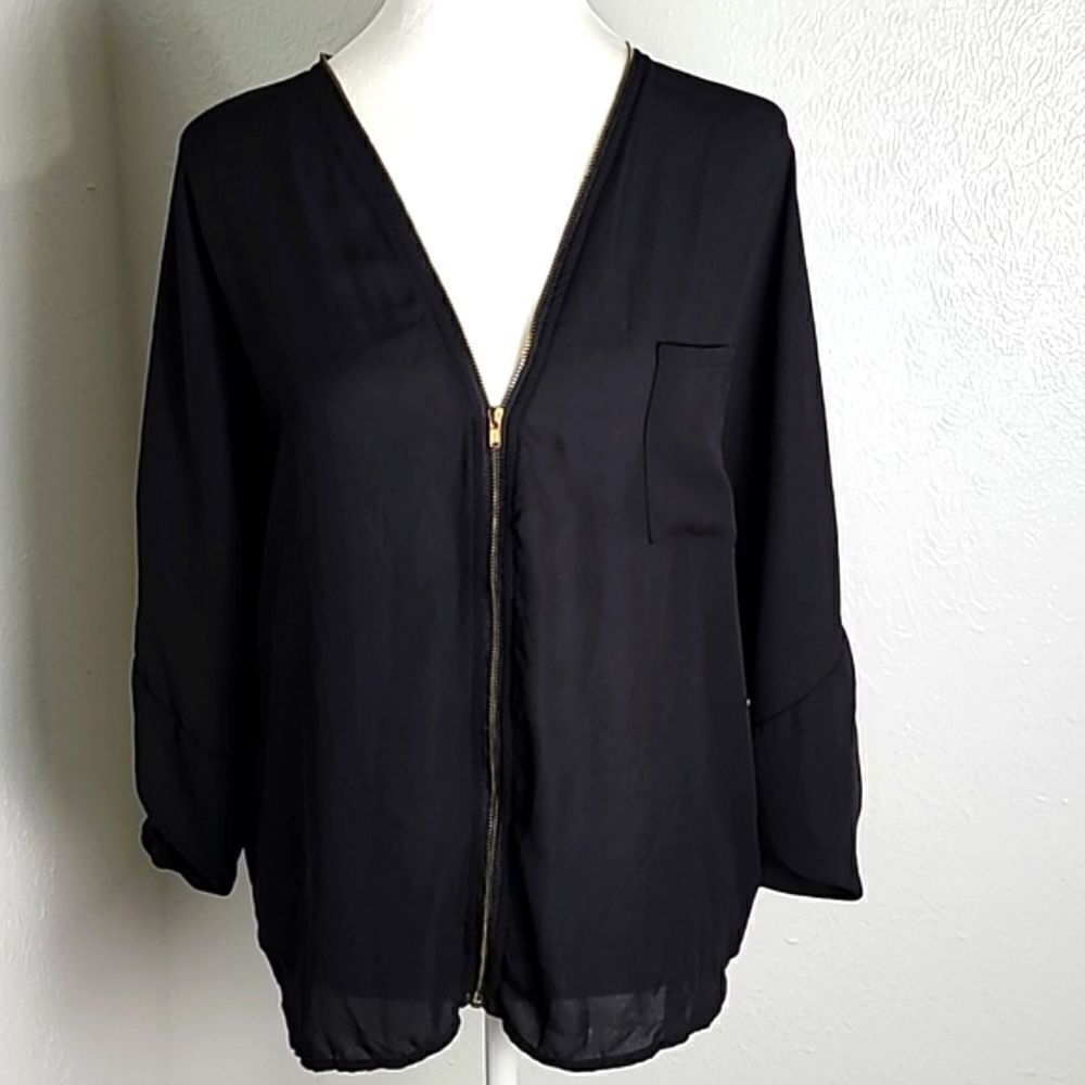 Cleo Black Longsleeve Blouse with One Zipper Front & Back, Size Medium